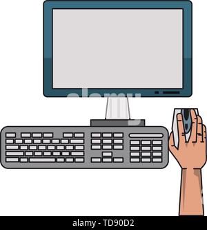 hand using desk computer with mouse monitor and keyboard Stock Vector