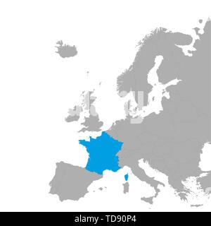 The map of France is highlighted in blue on the map of Europe. Vector Stock Vector