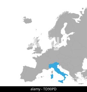 The map of Italy is highlighted in blue on the map of Europe. Vector Stock Vector