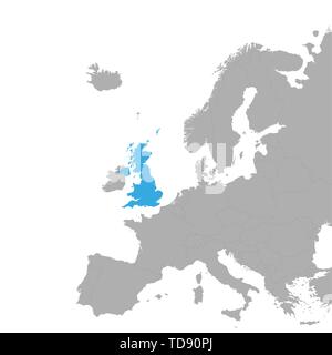 The map of UK is highlighted in blue on the map of Europe. Vector Stock Vector