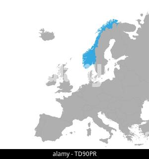 The map of Norway is highlighted in blue on the map of Europe. Vector Stock Vector