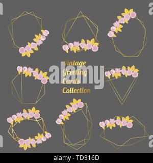 Hand drawn doodle style rose flowers wreath with polygonal garland, vintage geometric frame. floral design element. isolated on gray background. stock Stock Vector