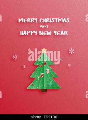 Christmas celebration and happy new year greeting or invitation card in paper cut style with Christmas tree with decoration and falling snow flakes on Stock Vector