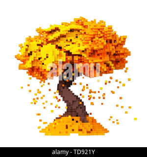 Digital Pixelated Falling Leaves From An Autumn Tree Isolated On White Background. 3D Illustration. Stock Photo