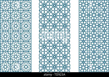 Vector illustration. Three arabesque geometric seamless jaulosies in flat and clean style. Stock Vector