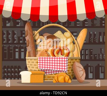 Bread products and market stall. Stock Vector