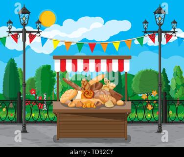 Bread products and market stall. Stock Vector