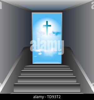 Gray stairway. Open door. Heaven. Blue sky with white clouds. The Cross of Jesus Christ in center. Stock Vector