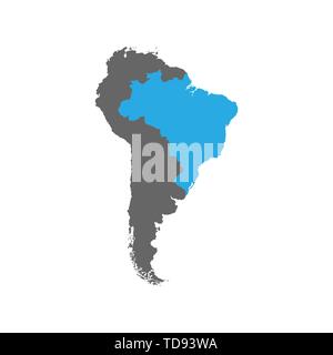 The map of Brazil is highlighted in blue on the South America map Stock Vector