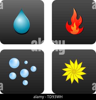 Drop of water, fire, air bubbles, and the flower, which symbolizes the earth. Icons in dark gray squares isolated on white background. Stock Vector