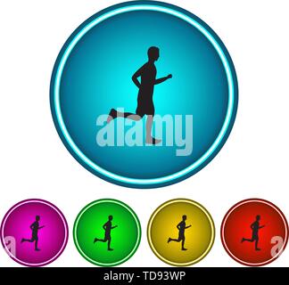Running man. Set of color vector buttons. Black silhouette. Circular shape. Blue, Purple, Yellow, Green, Red colors. Stock Vector