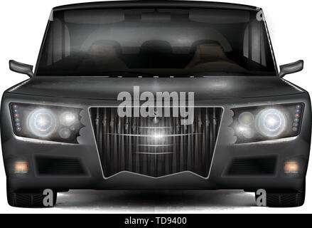 The dark sedan car in retro style isolated on white background. Realistic detailed front view. Vector illustration. Stock Vector