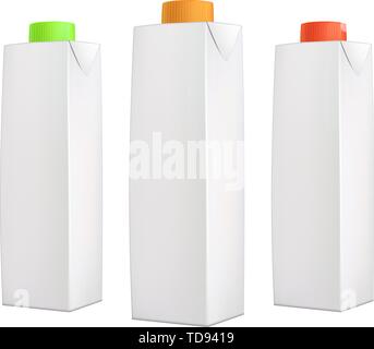 Juice packs with green, orange and red lids isolated on white background Stock Vector