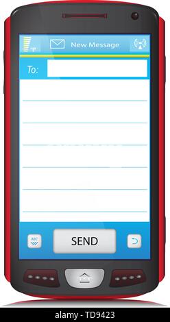 Touchscreen mobile phone with copy space for placing text of SMS or E-Mail message. Vector illustration, isolated on white background. Stock Vector