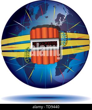 Blue Globe and dynamite with countdown timer on it. Catastrophe concept. Vector illustration isolated on white background. Stock Vector