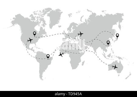 Airplane ways with pointers map world. Vector eps10 Stock Vector