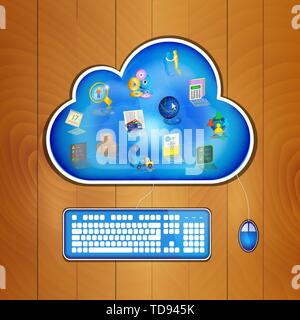 Business management icons at blue cloud on wood table, keyboard and mouse plugged in. Cloud business management concept. Vector illustration. Stock Vector