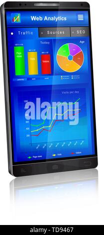Web analytics charts and graphs on smartphone screen. Mobile application: dashboard of webmaster, real time website visitors traffic statistics. Vecto Stock Vector