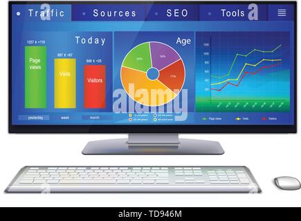 Web analytics charts, graphs and indicators of website on desktop computer screen. Dashboard of webmaster in blue design. Vector illustration, isolate Stock Vector