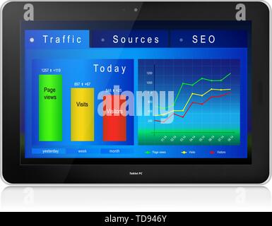 Web analytics charts on screen of black laptop PC. Reflection. Vector illustration, isolated on white background. Stock Vector