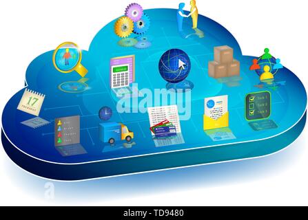 Blue 3d cloud with enterprise process management icons on it: Accounting, Inventory, Client Relationships, Electronic Document Interchange, Banking, L Stock Vector
