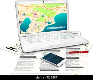 Real estate searching concept: Silver modern laptop with online city map on display, newspaper with classified real estate ads, red ballpoint pen, whi Stock Vector