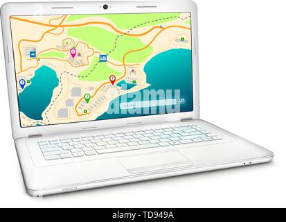 Online GPS city map on display of modern silver notebook computer. Vector illustration, isolated on white background Stock Vector