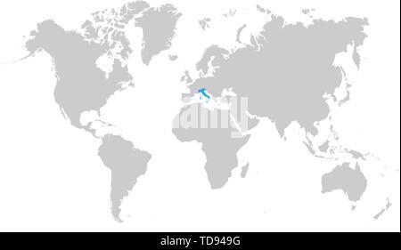 The map of Italy is highlighted in blue on the world map Stock Vector