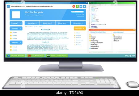 Workflow of website template development on widescreen computer monitor. Slim wireless keyboard and mouse near it. Content on display: Web browser, CS Stock Vector