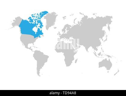 The map of Canada is highlighted in blue on the world map Stock Vector