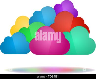 Cloud computing concept. Set of color clouds with shadow in bottom isolated on white background. Stock Vector