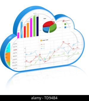 Blue 3d cloud with business report inside it: spreadsheet and charts . Vector icon, isolated on white background. Stock Vector