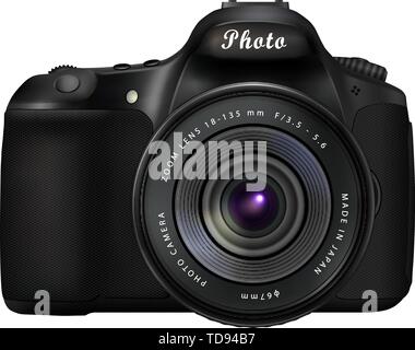 Modern black digital single-lens reflex camera isolated on white background Stock Vector