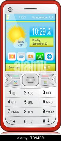 Red smartphone with silver white front panel, physical keyboard and color content on display. Isolated on white background. Stock Vector