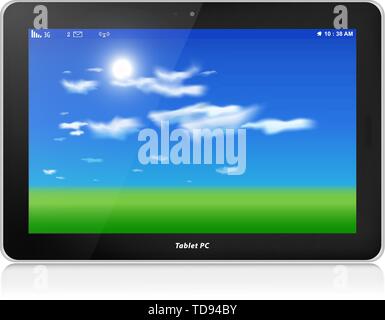 Black glossy tablet computer in horizontal orientation of display, isolated on white. Green grass and blue sky with clouds as screen background. Stock Vector