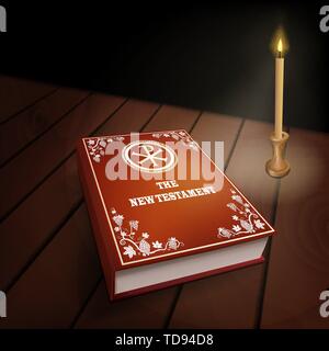 New Testament book with red cover on wood table with burning candle. Dark background. Close up vector illustration. Stock Vector