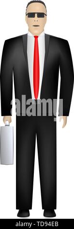 Serious businessman in black suit with silver metallic bag in right hand, isolated on white background Stock Vector