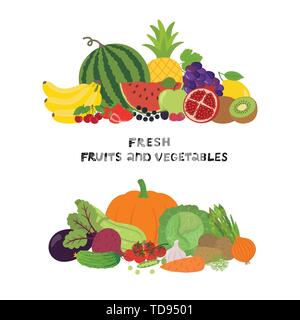 Vector illustration with fresh organic vegetables and fruits isolated on white background. Healthy Food. Set of vegetarian sliced, full, half Stock Vector