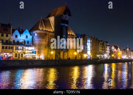 Gdansk, Poland - February 07, 2019: View of Gdansk's Main Town from the Motlawa River at night. Gdansk, Poland Stock Photo