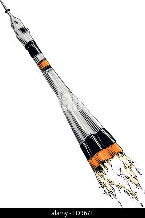 Hand drawn sketch of rocket in color, isolated on white background. Drawing for posters, decoration and print. Vector illustration Stock Vector