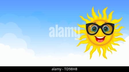 Sun in sunglasses. A merry cartoon sun in protective glasses from the sun. A cheerful cartoon sun on a white background. Stock Vector