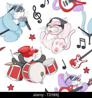 Seamless pattern with cute cartoon musical kittens on white background Stock Vector