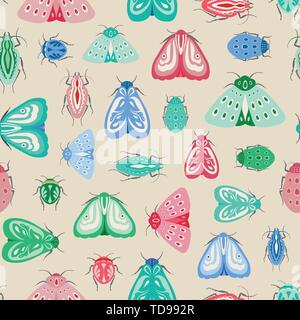 Colourful moths and beetles seamless repeat pattern. A vector design of insects and bugs. Stock Vector