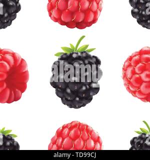 Blackberries and raspberries seamless pattern. 3d realistic berries. Stock Vector