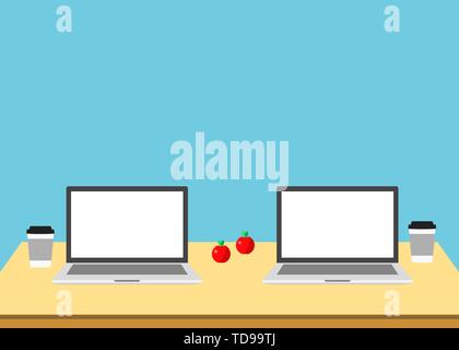 Co working 2 laptops on table. Workplace. Vector Stock Vector