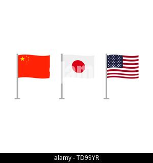 Usa Japan and China flags. Flags set Stock Vector