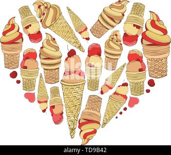Heart made of elements. Heart made of hand drawn ice creams in waffle cones. Vector elements in yellow beige creamy red rose colors isolated on a Stock Vector