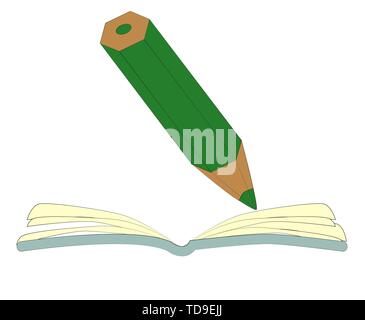 An illustration of a cartoon pencil writing in a book Stock Vector