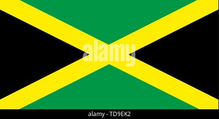 Waving flag of Jamaica. Fluttering textile jamaican flag. The Cross, Black, green, and gold. Stock Vector
