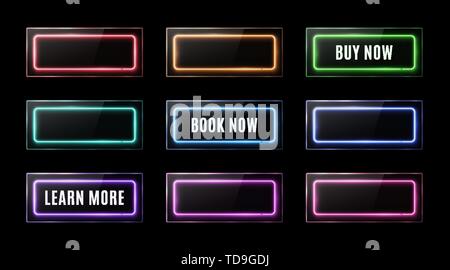 Colorful neon square signs set. Buy now, learn more, book now light banners design. Rectangle button on black background Stock Vector